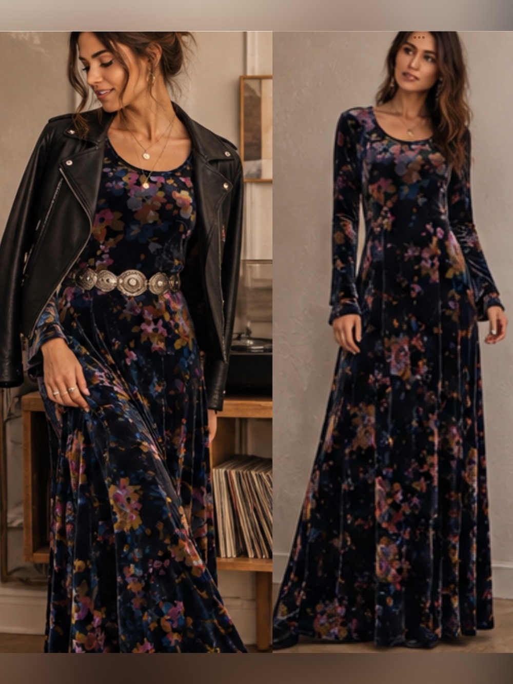 Soft Surroundings Velvet Santiago Floral Long Sleeve Maxi Dress Size M bohemian